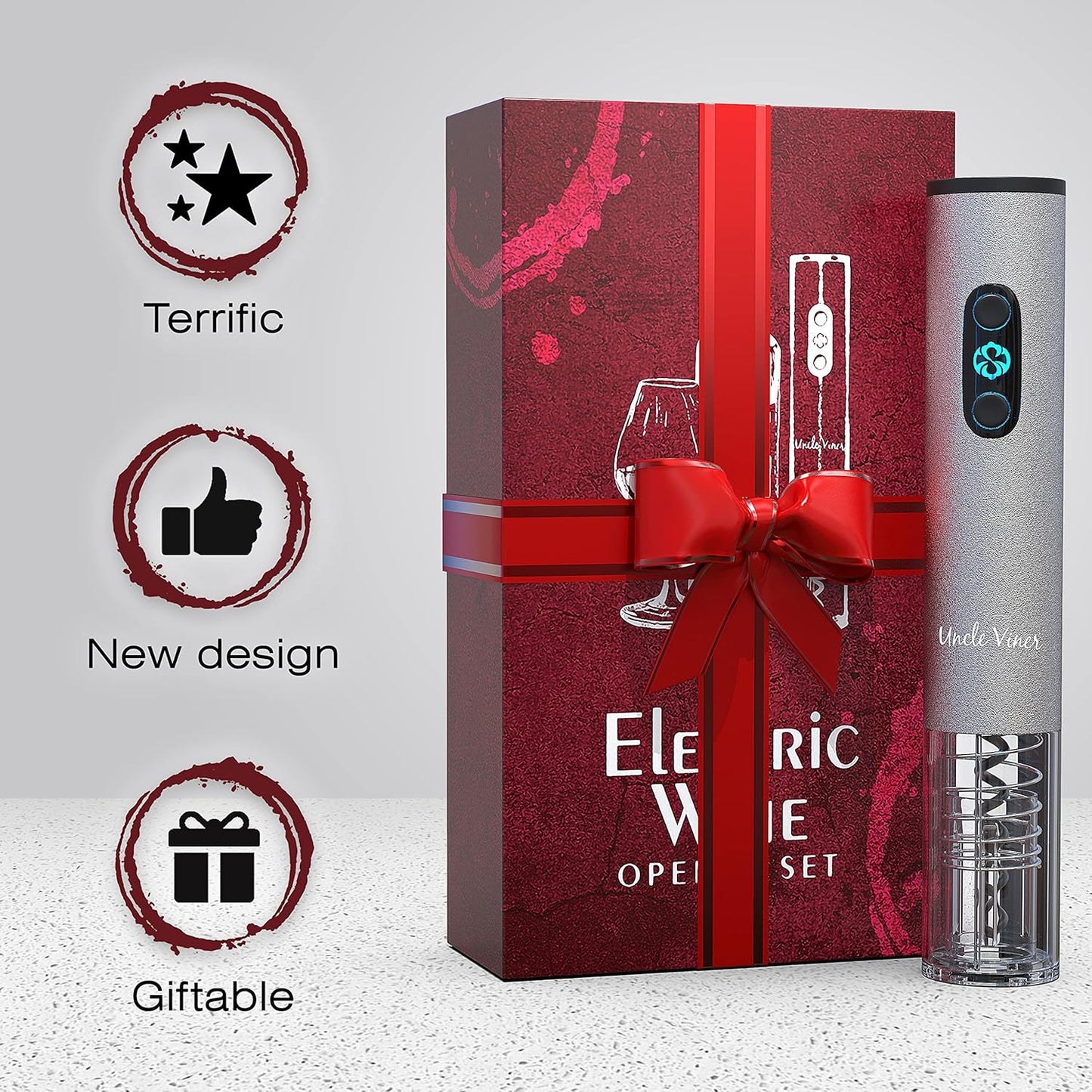 Electric Wine Opener Set with Charger & Batteries - Gift Idea for Wine Lover - Battery Operated Corkscrew - Automatic Cordless Wine Bottle Opener Rechargeable - Mother'S Day Christmas Kit