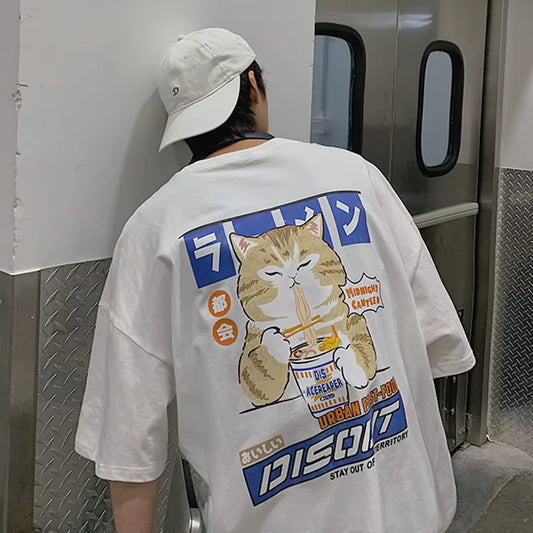 Cat Cartoon Graphic Men Tshirt Casual Baggy Short Sleeve T-Shirt Japanese Style Oversized T Shirt Men'S Clothing