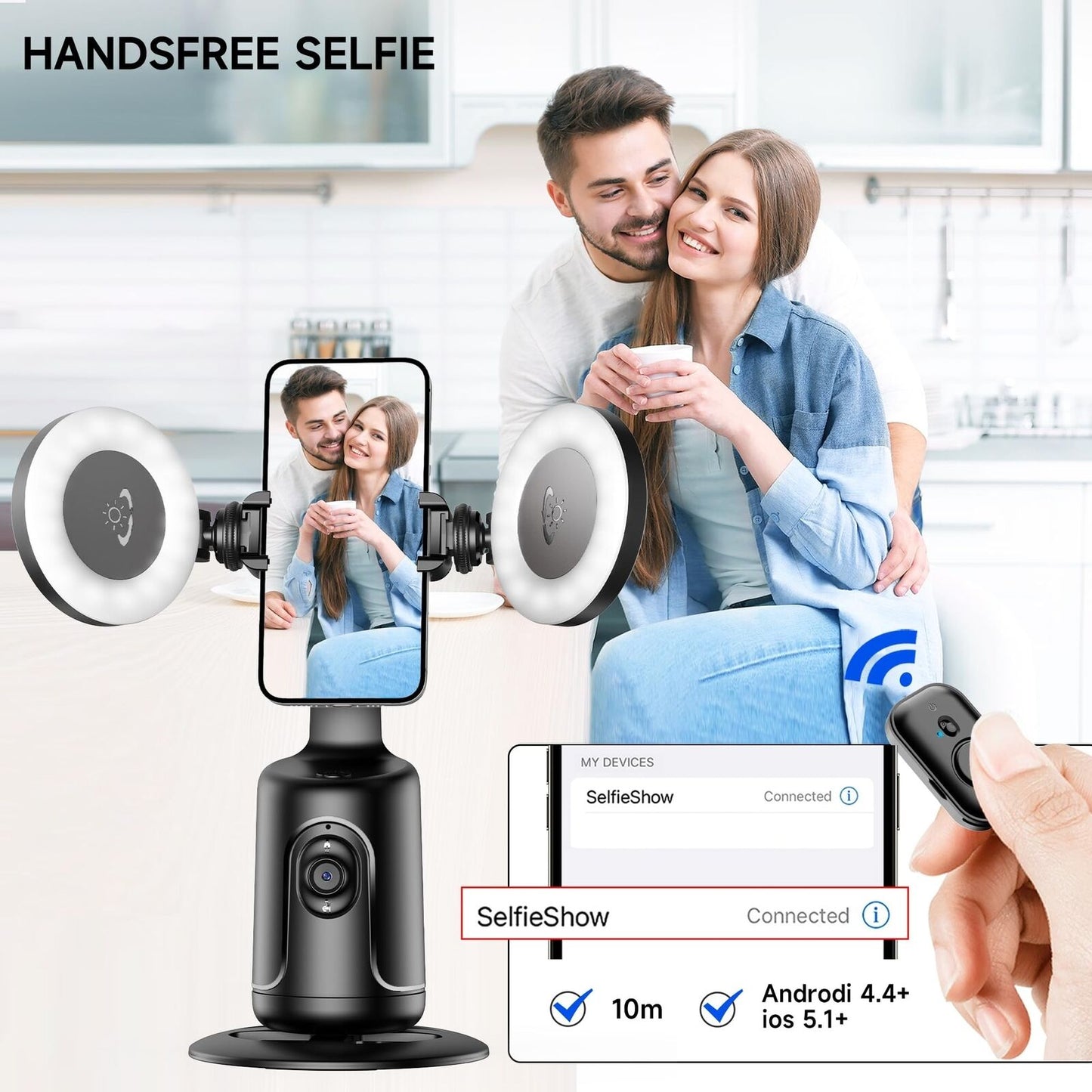 Auto Face Tracking Tripod with 2 Selfie Ring Light, 360° Rotation Face Body