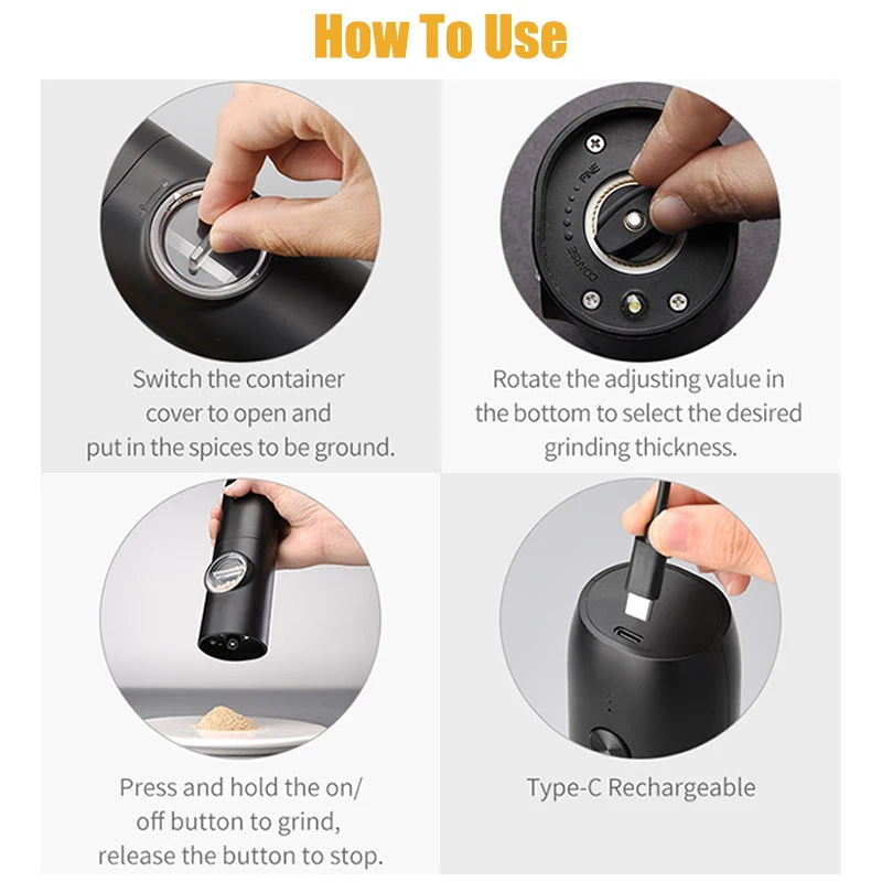 USB Rechargeable Electric Salt and Pepper Grinder with Adjustable Coarseness Refillable Mill Battery Powered Home Kitchen Gadget