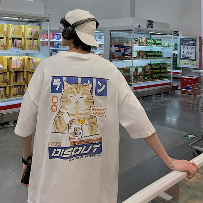 Cat Cartoon Graphic Men Tshirt Casual Baggy Short Sleeve T-Shirt Japanese Style Oversized T Shirt Men'S Clothing