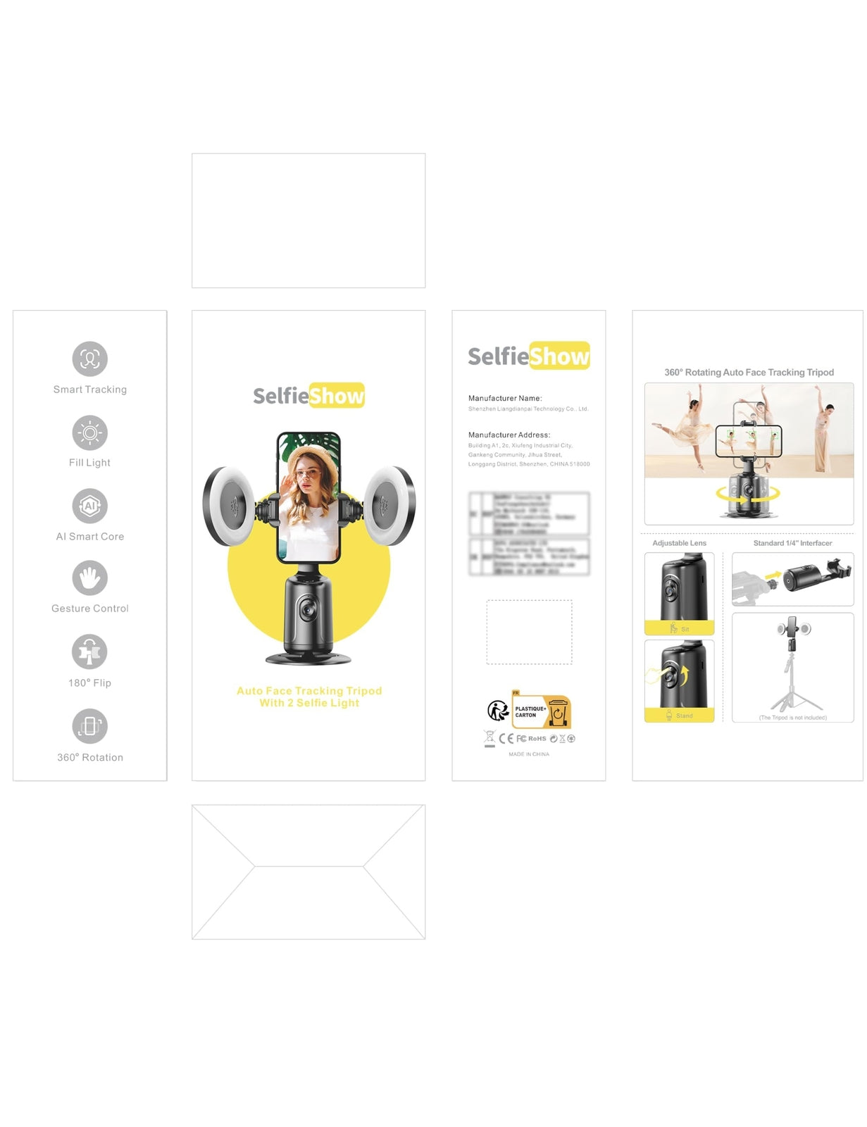 Auto Face Tracking Tripod with 2 Selfie Ring Light, 360° Rotation Face Body