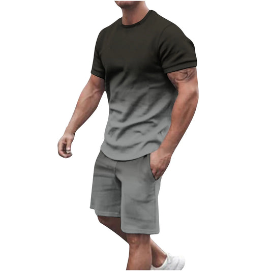 Mens Summer 2 Piece Tracksuit Gradient Color Crew Neck Pull-On Tee Tops and Double Pockets Plain Shorts Vacation Workout Shirts Sets