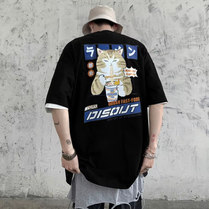 Cat Cartoon Graphic Men Tshirt Casual Baggy Short Sleeve T-Shirt Japanese Style Oversized T Shirt Men'S Clothing